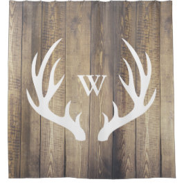 White Deer Antlers Light Barn Wood Monogramed Douchegordijn