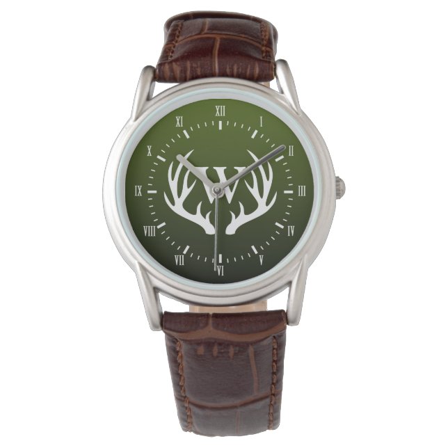 White Deer Antlers Monogram Green Mannen Horloge (Voorkant)
