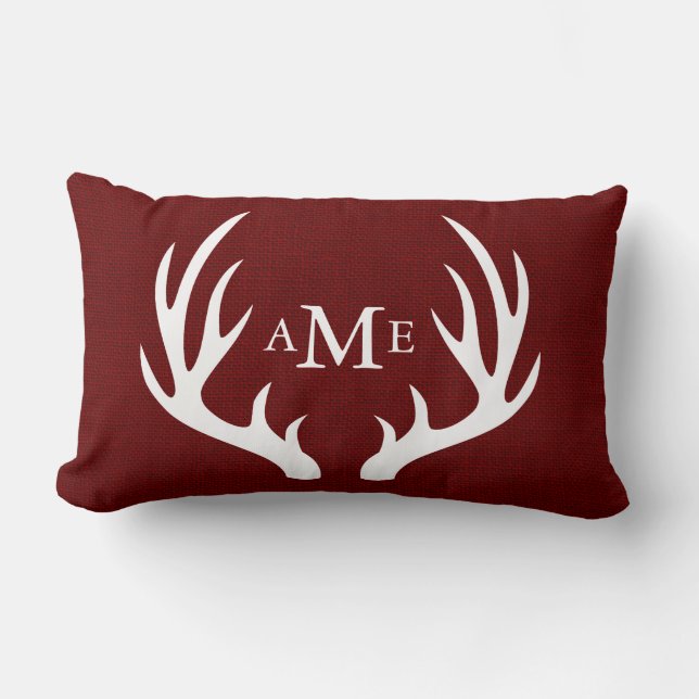 White Deer Antlers Monogram Rustic Red Burlap Kussen (Voorkant)