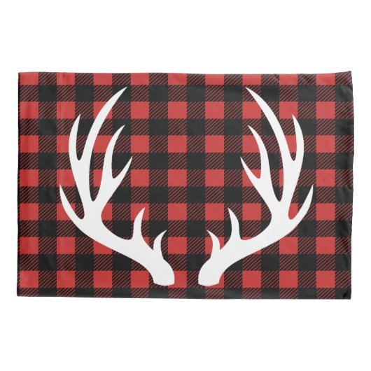 White Deer Antlers Rustic Buffalo Check Pset Kussensloop (Achterkant)