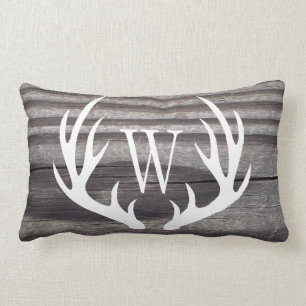 White Deer Antlers Weathered Wood Monogram Kussen