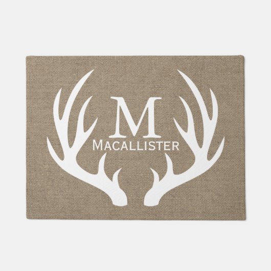 White Deer Buck Antlers & Faux Burlap Familienaam Deurmat (Voorkant)