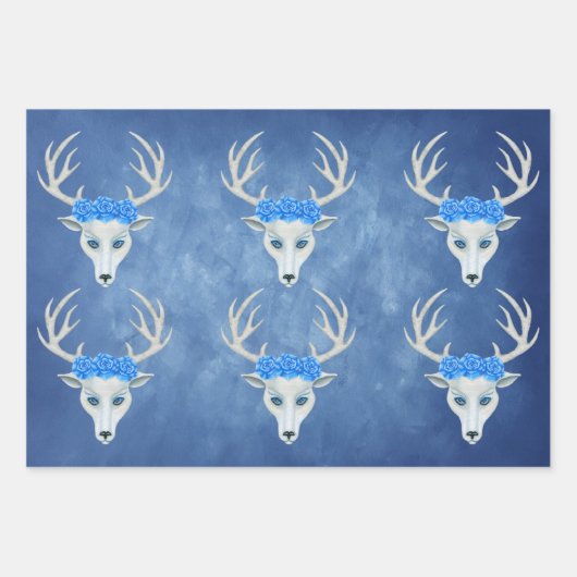 White Deer Head Antlers Rozen Misty Blues Inpakpapier Vel (Voorkant 2)