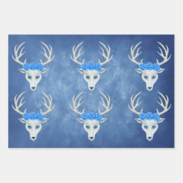 White Deer Head Antlers  Rozen Misty Blues Inpakpapier Vel