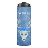 White Deer Head Antlers Rozen Mysterious Face Blue Thermosbeker (Voorkant)