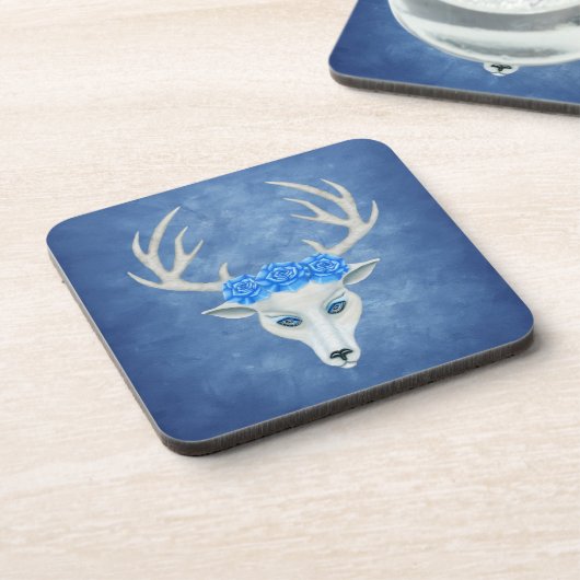 White Deer Head Blue Mysterious Eyes Antlers Rozen Bier Onderzetter (Linkerzijde)