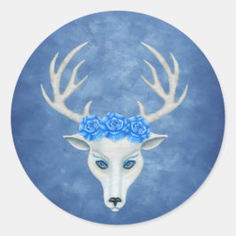 White Deer Head Face Blue Eyes Rozen Antlers Ronde Sticker