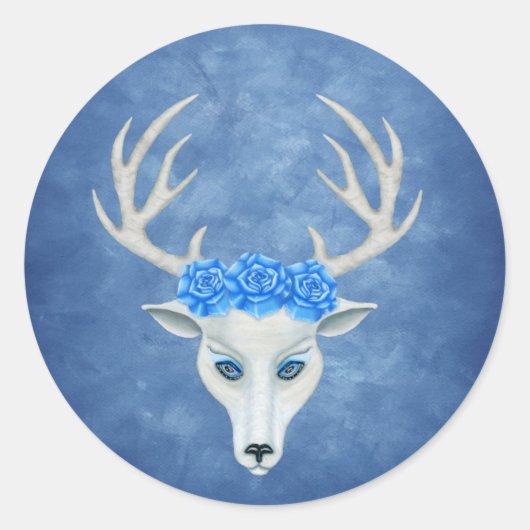 White Deer Head Face Blue Eyes Rozen Antlers Ronde Sticker (Voorkant)