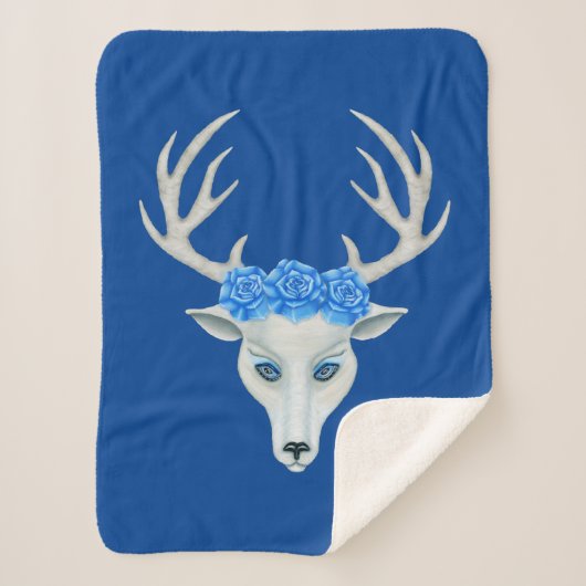 White Deer Head Mysterious Face Antlers Blue Rozen Sherpa Deken (Voorkant)
