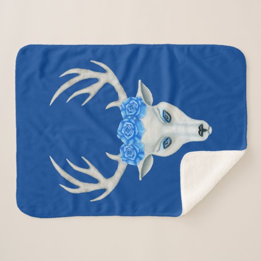 White Deer Head Mysterious Face Antlers Blue Rozen Sherpa Deken (Voorkant (horizontaal))