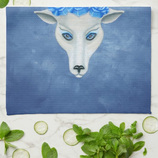 White Deer Head Mysterious Face Blue Eyes Rozen Theedoek (Gevouwen)