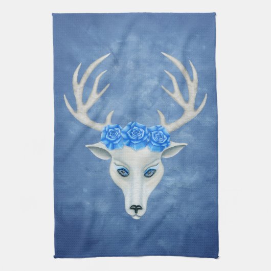 White Deer Head Mysterious Face Blue Eyes Rozen Theedoek (Verticaal)