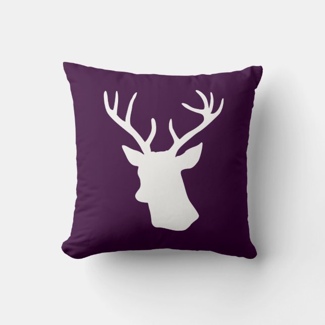 White Deer Head Silhouette - Donker Paars Kussen (Voorkant)