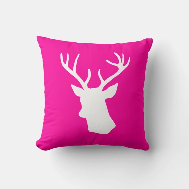 White Deer Head Silhouette - Hot Pink Kussen (Voorkant)
