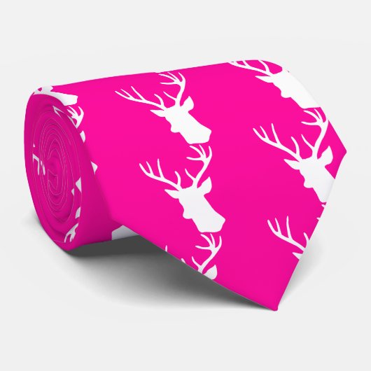 White Deer Head Silhouette - hot roze Stropdas (Opgerold)
