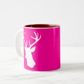 White Deer Head Silhouette - hot roze Tweekleurige Koffiemok (Voorkant links)