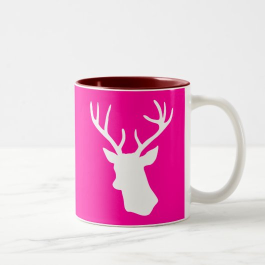 White Deer Head Silhouette - hot roze Tweekleurige Koffiemok (Rechts)
