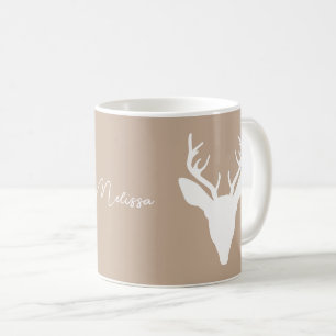 White Deer Head Silhouette op beige en op maat gem Koffiemok