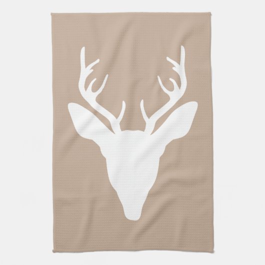 White Deer Head Silhouette op beige Theedoek (Verticaal)