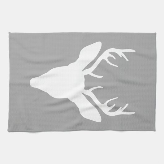 White Deer Head Silhouette op grijs Theedoek (Horizontaal)