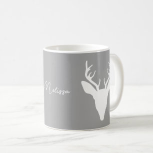 White Deer Head Silhouette op grijze en aangepaste Koffiemok