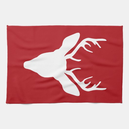 White Deer Head Silhouette op rood Theedoek (Horizontaal)