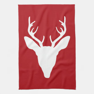 White Deer Head Silhouette op rood Theedoek