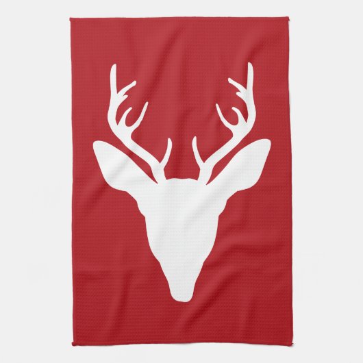 White Deer Head Silhouette op rood Theedoek (Verticaal)