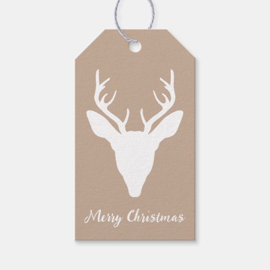 White Deer Head Silhouette over beige en aangepast Cadeaulabel (Voorkant)