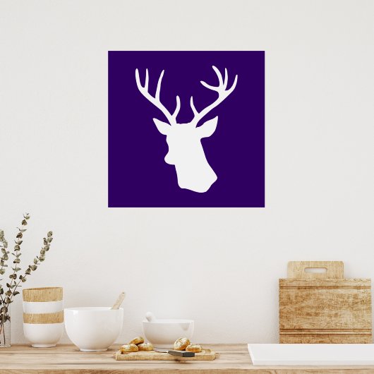 White Deer Head Silhouette - Paars Poster (Keuken)