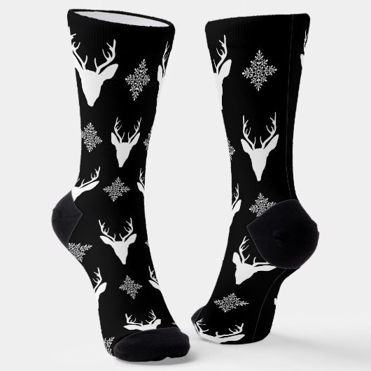 White Deer Head & Snowflakes op zwart Patroon Sokken (Gebogen)
