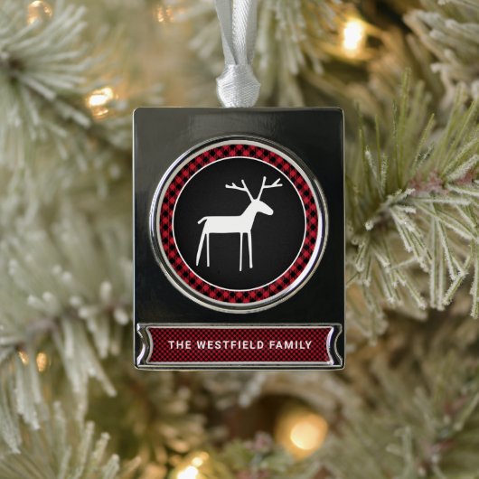 White Deer Red kerstbuffel spelnaam Verzilverd Banner Ornament (Boom)