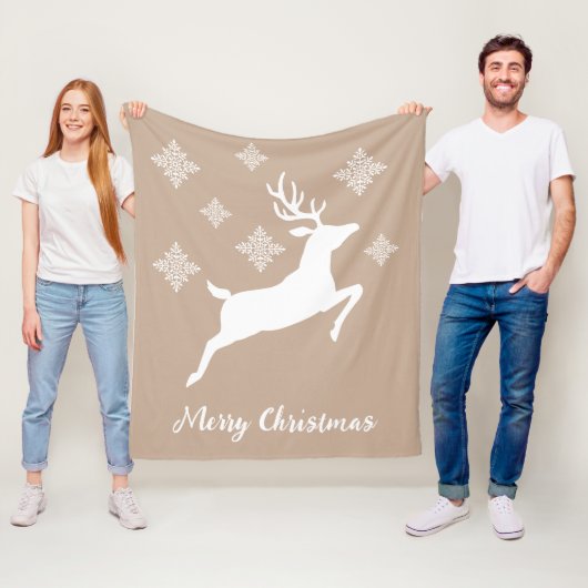White Deer Shape on beige met sneeuwvlokken en tek Fleece Deken (In situ)