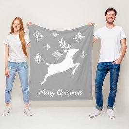 White Deer Shape on Grey met sneeuwvlokken en teks Fleece Deken