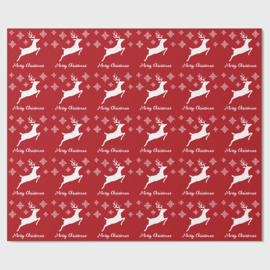 White Deer Shape on Red met sneeuwvlokken en tekst Cadeaupapier (Vlak)