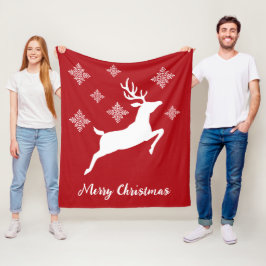 White Deer Shape on Red met sneeuwvlokken en tekst Fleece Deken