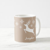 White Deer Shapes on beige with Snowflakes & Name Koffiemok (Voorkant rechts)