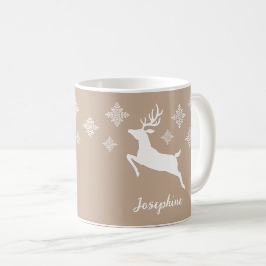 White Deer Shapes on beige with Snowflakes & Name Koffiemok (Voorkant rechts)