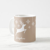 White Deer Shapes on beige with Snowflakes & Name Koffiemok (Voorkant links)