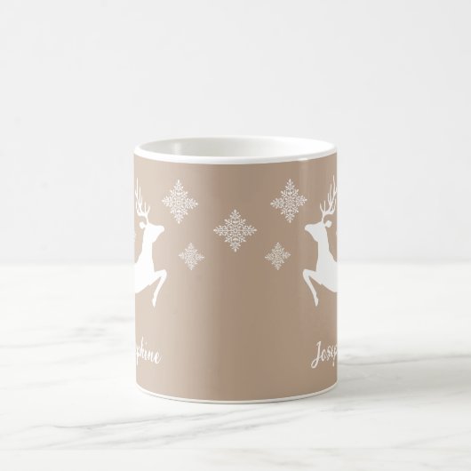 White Deer Shapes on beige with Snowflakes & Name Koffiemok (Center)