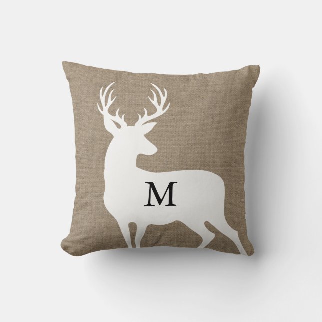 White Deer Silhouette Monogram Pillow Kussen (Voorkant)