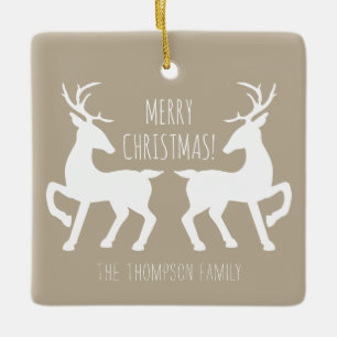 White Deers on beige &  Familienaam Keramisch Ornament