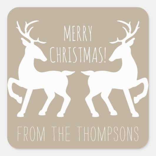 White Deers on Beige & Personated Name Kerstmis Vierkante Sticker (Voorkant)