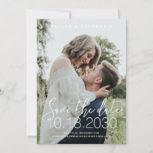 White Delicate Hand Lettering Photo Save the Date