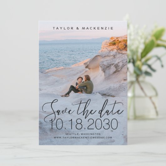 White Delicate Thin Script Photo Save the Date (Staand voorkant)