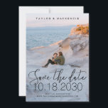 White Delicate Thin Script Photo Save the Date<br><div class="desc">Eenvoudige, Minimale, en Elegant Foto sparen de Kaart van de Datum met een delicate dunne de bekleding van de doopvont van het calligrafiemanuscript in zwarte inkt met grote trouwdatumaantallen. Upload uw favoriete foto van het verloving koppel en pas de sjabloon aan door om het even welke kleuren en doopvonten te...</div>