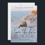 White Delicate Thin Script Photo Save the Date<br><div class="desc">Eenvoudige, Minimale, en Elegant Foto sparen de Kaart van de Datum met een delicate dunne de bekleding van de doopvont van het calligrafiemanuscript in zwarte inkt met grote trouwdatumaantallen. Upload uw favoriete foto van het verloving koppel en pas de sjabloon aan door om het even welke kleuren en doopvonten te...</div>