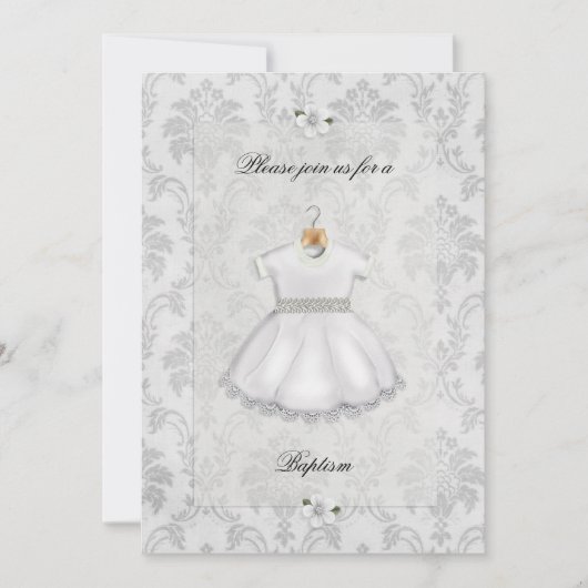 White Demask Girl Baptism Invitation Kaart (Voorkant)