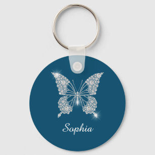 White Diamond Butterfly, DIY Name, Ocean Blue Sleutelhanger