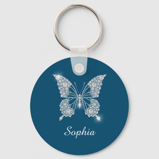 White Diamond Butterfly, DIY Name, Ocean Blue Sleutelhanger (Voorkant)